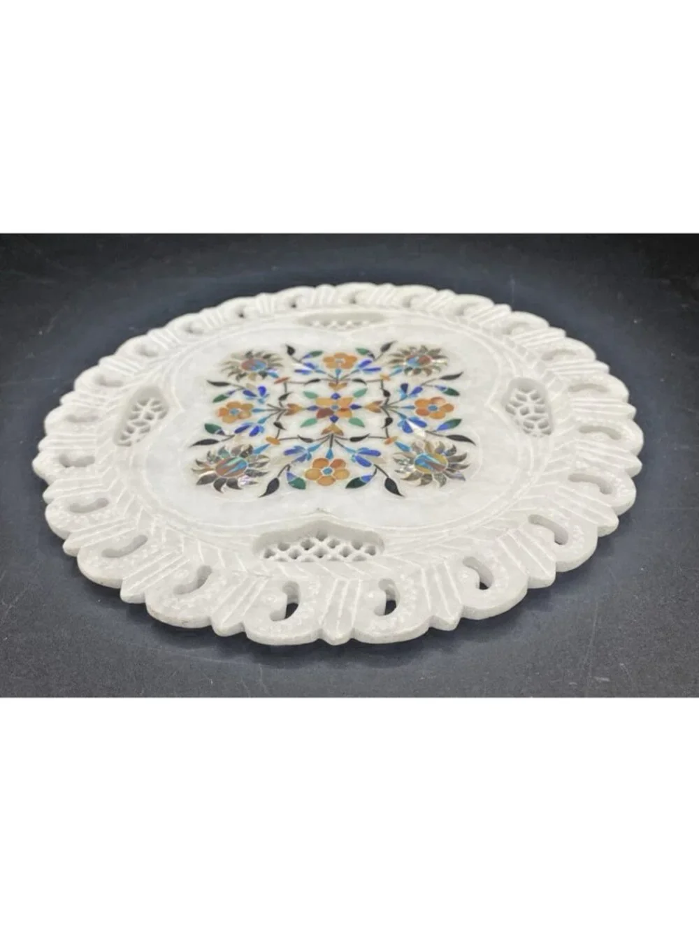 Inlaid Marble Plate Floral Stone Handmade Decor Boho Cottage 7 Inches